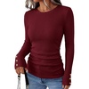 image:imageANRABESS Womens Long Sleeve Shirts Slim Fitted Tops  Stretchy Ribbed Knit Top Crewneck Button Cuffs Office Work Casual Outfits Minimal Elegant Fall Winter Layering ClothesDeep Red