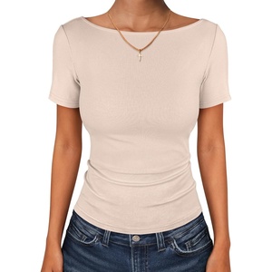 image:imageANRABESS Womens Boat Neck Short Sleeve Top Ribbed Knit Fitted T Shirts AllDay Comfy for Work Daily amp Summer Tee ShirtsBeige