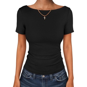 image:imageANRABESS Womens Boat Neck Short Sleeve Top Ribbed Knit Fitted T Shirts AllDay Comfy for Work Daily amp Summer Tee ShirtsBlack