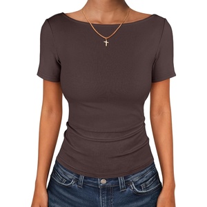 image:imageANRABESS Womens Boat Neck Short Sleeve Top Ribbed Knit Fitted T Shirts AllDay Comfy for Work Daily amp Summer Tee ShirtsBrown