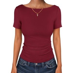 image:imageANRABESS Womens Boat Neck Short Sleeve Top Ribbed Knit Fitted T Shirts AllDay Comfy for Work Daily amp Summer Tee ShirtsBurgundy