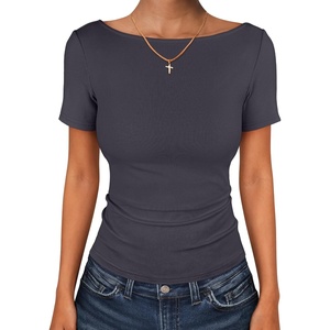 image:imageANRABESS Womens Boat Neck Short Sleeve Top Ribbed Knit Fitted T Shirts AllDay Comfy for Work Daily amp Summer Tee ShirtsDeep Grey