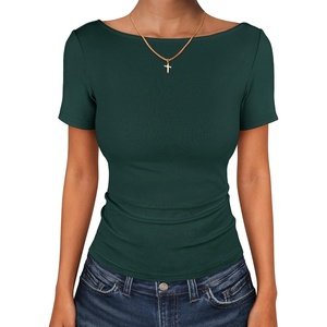 image:imageANRABESS Womens Boat Neck Short Sleeve Top Ribbed Knit Fitted T Shirts AllDay Comfy for Work Daily amp Summer Tee ShirtsForest