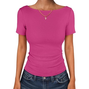 image:imageANRABESS Womens Boat Neck Short Sleeve Top Ribbed Knit Fitted T Shirts AllDay Comfy for Work Daily amp Summer Tee ShirtsHot Pink