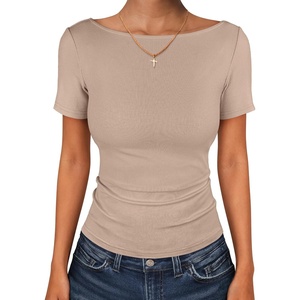 image:imageANRABESS Womens Boat Neck Short Sleeve Top Ribbed Knit Fitted T Shirts AllDay Comfy for Work Daily amp Summer Tee ShirtsKhaki