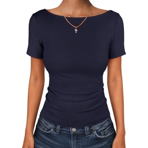 image:imageANRABESS Womens Boat Neck Short Sleeve Top Ribbed Knit Fitted T Shirts AllDay Comfy for Work Daily amp Summer Tee ShirtsNavy Blue