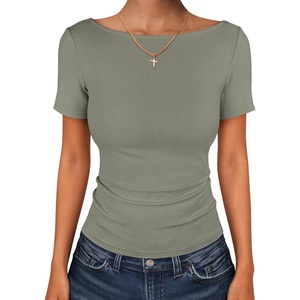 image:imageANRABESS Womens Boat Neck Short Sleeve Top Ribbed Knit Fitted T Shirts AllDay Comfy for Work Daily amp Summer Tee ShirtsSage Green