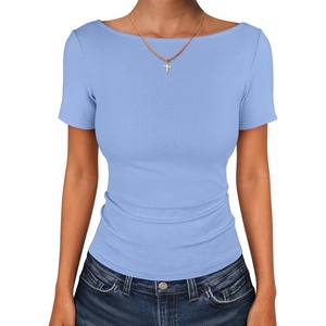 image:imageANRABESS Womens Boat Neck Short Sleeve Top Ribbed Knit Fitted T Shirts AllDay Comfy for Work Daily amp Summer Tee ShirtsSky Blue