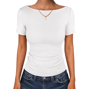 image:imageANRABESS Womens Boat Neck Short Sleeve Top Ribbed Knit Fitted T Shirts AllDay Comfy for Work Daily amp Summer Tee ShirtsWhite