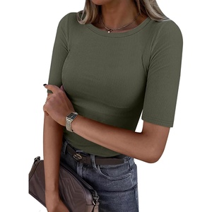 image:imageANRABESS Womens Half Sleeve Crewneck Tops Ribbed Knit Slim Fit Shirts Basic Tee 2026 Spring Summer Dressy Casual TShirtsArmy Green