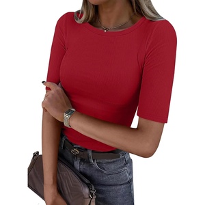 image:imageANRABESS Womens Half Sleeve Crewneck Tops Ribbed Knit Slim Fit Shirts Basic Tee 2026 Spring Summer Dressy Casual TShirtsRed