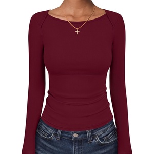image:imageANRABESS Womens Long Sleeve Boat Neck Fitted Tops  Ribbed Slim Fit Basic Shirts Soft Stretchy Breathable Layer Tee Fall Winter Casual Work Travel Vacation Everyday WearWine Red