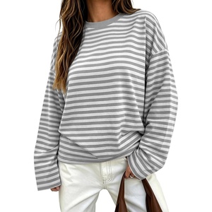 image:imageANRABESS Womens Long Sleeve Shirts Oversized Striped Tops  Soft Breathable LightweightLooseFit Crewneck TeeY2K Cute CasualWorkout School Preppy OutfitsFall Spring TransitionGrey White Stripe