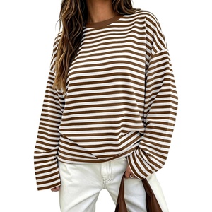 image:imageANRABESS Womens Long Sleeve Shirts Oversized Striped Tops  Soft Breathable LightweightLooseFit Crewneck TeeY2K Cute CasualWorkout School Preppy OutfitsFall Spring TransitionBrown White Stripe