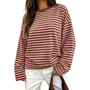 image:imageANRABESS Womens Long Sleeve Shirts Oversized Striped Tops  Soft Breathable LightweightLooseFit Crewneck TeeY2K Cute CasualWorkout School Preppy OutfitsFall Spring TransitionPink Brown Stripe