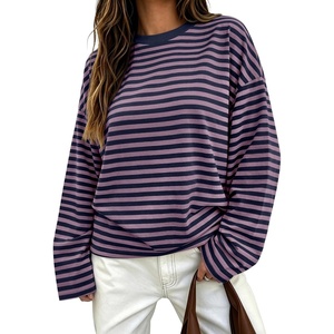 image:imageANRABESS Womens Long Sleeve Shirts Oversized Striped Tops  Soft Breathable LightweightLooseFit Crewneck TeeY2K Cute CasualWorkout School Preppy OutfitsFall Spring TransitionPurple Navy Blue Stripe