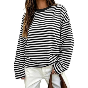 image:imageANRABESS Womens Long Sleeve Shirts Oversized Striped Tops  Soft Breathable LightweightLooseFit Crewneck TeeY2K Cute CasualWorkout School Preppy OutfitsFall Spring TransitionBlack White Stripe