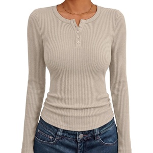 image:imageANRABESS Womens Long Sleeve Shirts Ribbed Henley Top  Slim Fitted Tee Soft Comfy Business Casual 0ffice Work Outfits Going Out Daily Wear Fall Spring Transition ClothingParchment