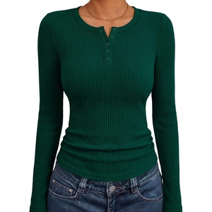 image:imageANRABESS Womens Long Sleeve Shirts Ribbed Henley Top  Slim Fitted Tee Soft Comfy Business Casual 0ffice Work Outfits Going Out Daily Wear Fall Spring Transition ClothingDeep Green