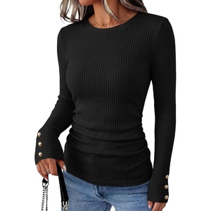 image:imageANRABESS Womens Long Sleeve Shirts Slim Fitted Tops  Stretchy Ribbed Knit Top Crewneck Button Cuffs Office Work Casual Outfits Minimal Elegant Fall Winter Layering ClothesBlack