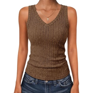 image:imageANRABESS Womens Ribbed Fitted V Neck Tank Tops  Sleeveless ShirtsComfy Soft LightweightBasic Casual Going Out OutfitsTravel Vacation AllDay WearSpring Summer ClothesBrown