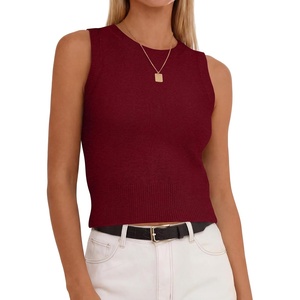 image:imageANRABESS Womens Summer Sleeveless Cropped Sweater Tank Tops  Crew Neck Soft Wool Blend Comfy Business Casual WorkGoing Out Travel VacationFall Spring LayersWine Red