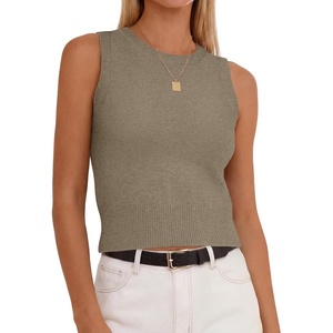 image:imageANRABESS Womens Summer Sleeveless Cropped Sweater Tank Tops  Crew Neck Soft Wool Blend Comfy Business Casual WorkGoing Out Travel VacationFall Spring LayersLight Camel