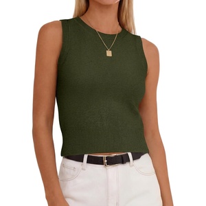 image:imageANRABESS Womens Summer Sleeveless Cropped Sweater Tank Tops  Crew Neck Soft Wool Blend Comfy Business Casual WorkGoing Out Travel VacationFall Spring LayersArmy Green