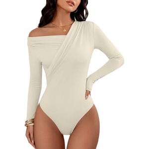 image:imageANRABESS Womens Off Shoulder Long Sleeve Bodysuits  Business Casual Body Suit Asymmetrical Neck Top Going Out Cute Work Date Night Shirts Soft Knit Stretchy Fall ClothesBeige