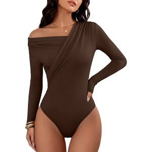 image:imageANRABESS Womens Off Shoulder Long Sleeve Bodysuits  Business Casual Body Suit Asymmetrical Neck Top Going Out Cute Work Date Night Shirts Soft Knit Stretchy Fall ClothesCoffee