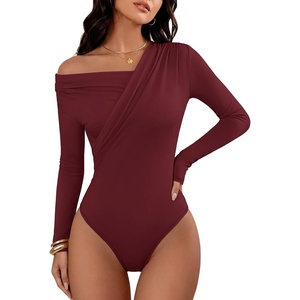 image:imageANRABESS Womens Off Shoulder Long Sleeve Bodysuits  Business Casual Body Suit Asymmetrical Neck Top Going Out Cute Work Date Night Shirts Soft Knit Stretchy Fall ClothesWine Red