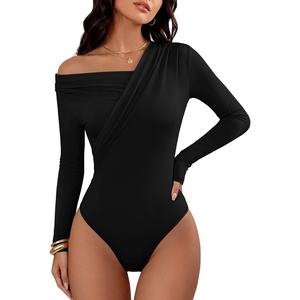 image:imageANRABESS Womens Off Shoulder Long Sleeve Bodysuits  Business Casual Body Suit Asymmetrical Neck Top Going Out Cute Work Date Night Shirts Soft Knit Stretchy Fall ClothesBlack