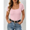 image:imageANRABESS Womens Square Neck Tops Soft Lightweight Rib Knit Sweater Short Sleeve Slim Fit Shirts Summer Casual Outfits 2026Pink