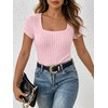 image:imageANRABESS Womens Square Neck Tops Soft Lightweight Rib Knit Sweater Short Sleeve Slim Fit Shirts Summer Casual Outfits 2026Pink