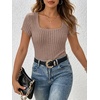 image:imageANRABESS Womens Square Neck Tops Soft Lightweight Rib Knit Sweater Short Sleeve Slim Fit Shirts Summer Casual Outfits 2026Tan