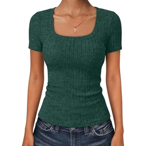 image:imageANRABESS Womens Square Neck Tops Soft Lightweight Rib Knit Sweater Short Sleeve Slim Fit Shirts Summer Casual Outfits 2026Green