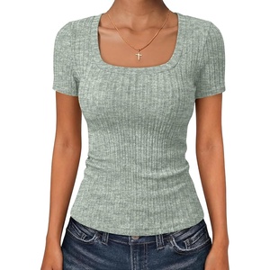 image:imageANRABESS Womens Square Neck Tops Soft Lightweight Rib Knit Sweater Short Sleeve Slim Fit Shirts Summer Casual Outfits 2026Light Green