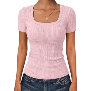 image:imageANRABESS Womens Square Neck Tops Soft Lightweight Rib Knit Sweater Short Sleeve Slim Fit Shirts Summer Casual Outfits 2026Pink