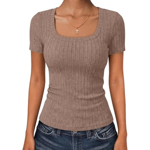 image:imageANRABESS Womens Square Neck Tops Soft Lightweight Rib Knit Sweater Short Sleeve Slim Fit Shirts Summer Casual Outfits 2026Tan