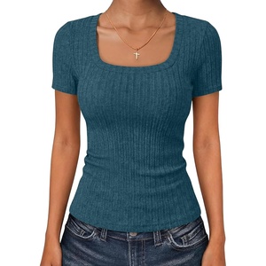 image:imageANRABESS Womens Square Neck Tops Soft Lightweight Rib Knit Sweater Short Sleeve Slim Fit Shirts Summer Casual Outfits 2026Teal