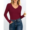 image:imageANRABESS Womens Long Sleeve Built in Bra Tops  V Neck Slim Fitted T Shirts Stretchy Ribbed Knit Basic Tee Going Out Work Outfits 2026 Casual Trendy Fall Winter LayeringBurgundy
