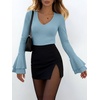 image:imageANRABESS Womens Long Sleeve V Neck Ribbed Knit Shirts  Soft Slim Fit Tops Bell Sleeve Ruched Blouses Fashion Going out Tshirt Dressy Casual Elegant Fall Winter Spring ClothesGrey Blue