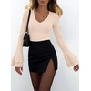 image:imageANRABESS Womens Long Sleeve V Neck Ribbed Knit Shirts  Soft Slim Fit Tops Bell Sleeve Ruched Blouses Fashion Going out Tshirt Dressy Casual Elegant Fall Winter Spring ClothesBeige