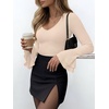 image:imageANRABESS Womens Long Sleeve V Neck Ribbed Knit Shirts  Soft Slim Fit Tops Bell Sleeve Ruched Blouses Fashion Going out Tshirt Dressy Casual Elegant Fall Winter Spring ClothesBeige
