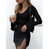 image:imageANRABESS Womens Long Sleeve V Neck Ribbed Knit Shirts  Soft Slim Fit Tops Bell Sleeve Ruched Blouses Fashion Going out Tshirt Dressy Casual Elegant Fall Winter Spring ClothesBlack