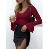 image:imageANRABESS Womens Long Sleeve V Neck Ribbed Knit Shirts  Soft Slim Fit Tops Bell Sleeve Ruched Blouses Fashion Going out Tshirt Dressy Casual Elegant Fall Winter Spring ClothesWine Red