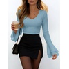 image:imageANRABESS Womens Long Sleeve V Neck Ribbed Knit Shirts  Soft Slim Fit Tops Bell Sleeve Ruched Blouses Fashion Going out Tshirt Dressy Casual Elegant Fall Winter Spring ClothesGrey Blue