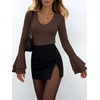 image:imageANRABESS Womens Long Sleeve V Neck Ribbed Knit Shirts  Soft Slim Fit Tops Bell Sleeve Ruched Blouses Fashion Going out Tshirt Dressy Casual Elegant Fall Winter Spring ClothesCoffee