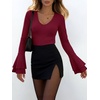 image:imageANRABESS Womens Long Sleeve V Neck Ribbed Knit Shirts  Soft Slim Fit Tops Bell Sleeve Ruched Blouses Fashion Going out Tshirt Dressy Casual Elegant Fall Winter Spring ClothesWine Red
