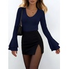 image:imageANRABESS Womens Long Sleeve V Neck Ribbed Knit Shirts  Soft Slim Fit Tops Bell Sleeve Ruched Blouses Fashion Going out Tshirt Dressy Casual Elegant Fall Winter Spring ClothesNavy Blue